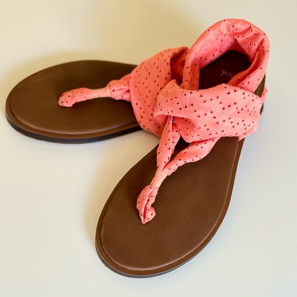 SANUK Stretchy Coral Peach Orange Leather Sling Yoga Sandals Comfy Summer Shoes - Picture 12 of 15